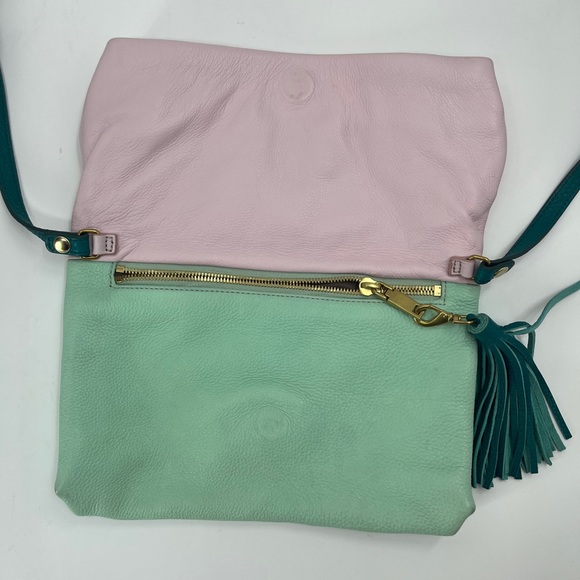 J Crew Leather Crossbody / Clutch with Pink & Green Color block and Fold Over - Picture 7 of 11